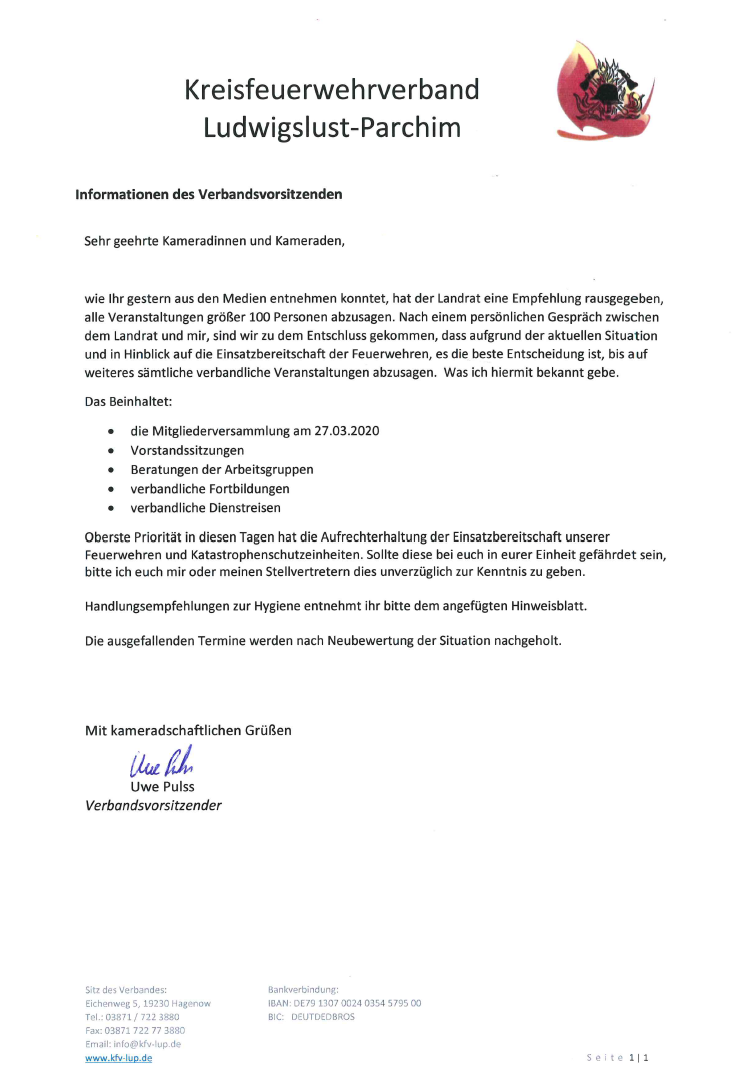 Sämtliche Veranstaltungen des KFV LUP werden bis auf weiteres abgesagt